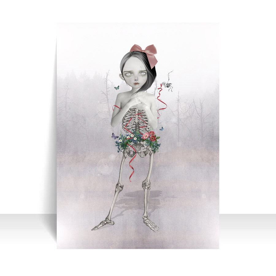 This miniature memento mori collectible art showcases a unique half human half skeletal girl with wild flowers growing around her pelvis.&nbsp;