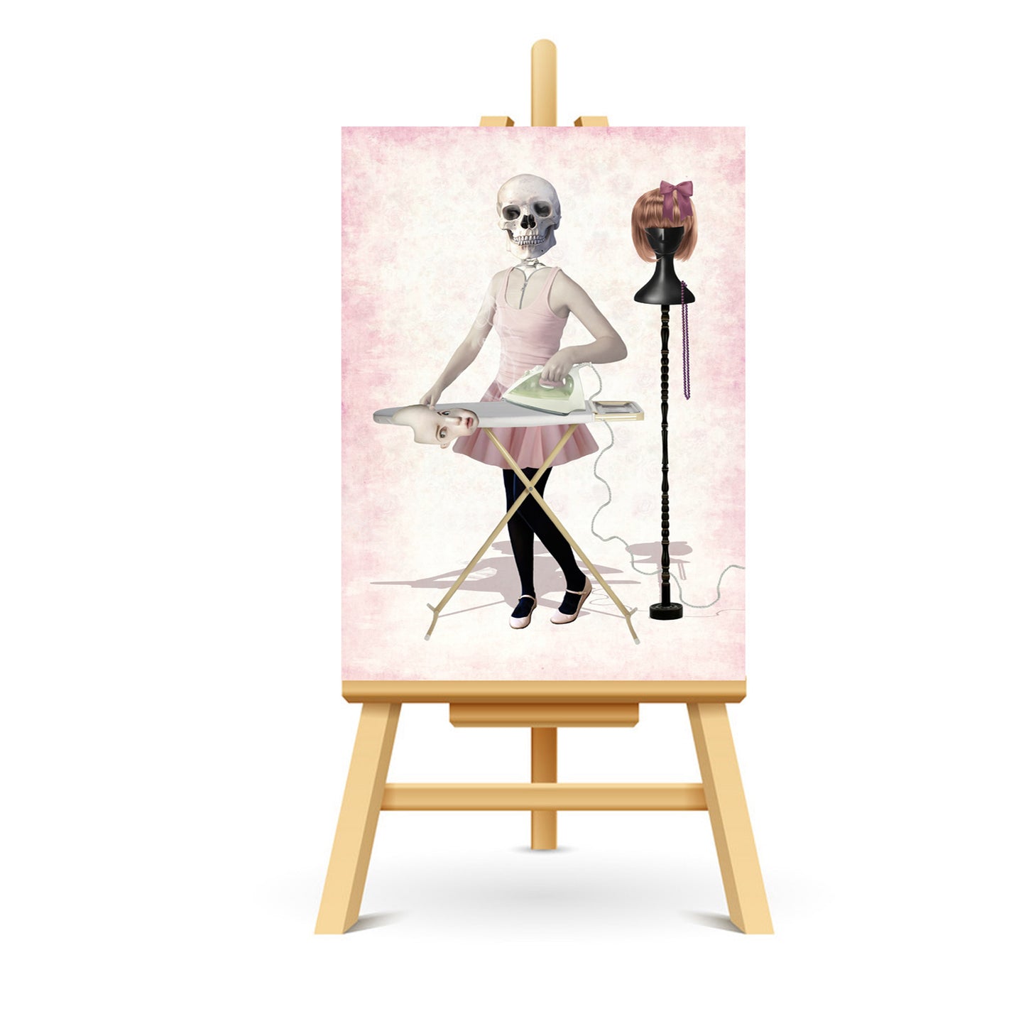 Skeleton Girl ACEO art displayed on a stand. Creepy cute miniature art print showcasing gothic style.