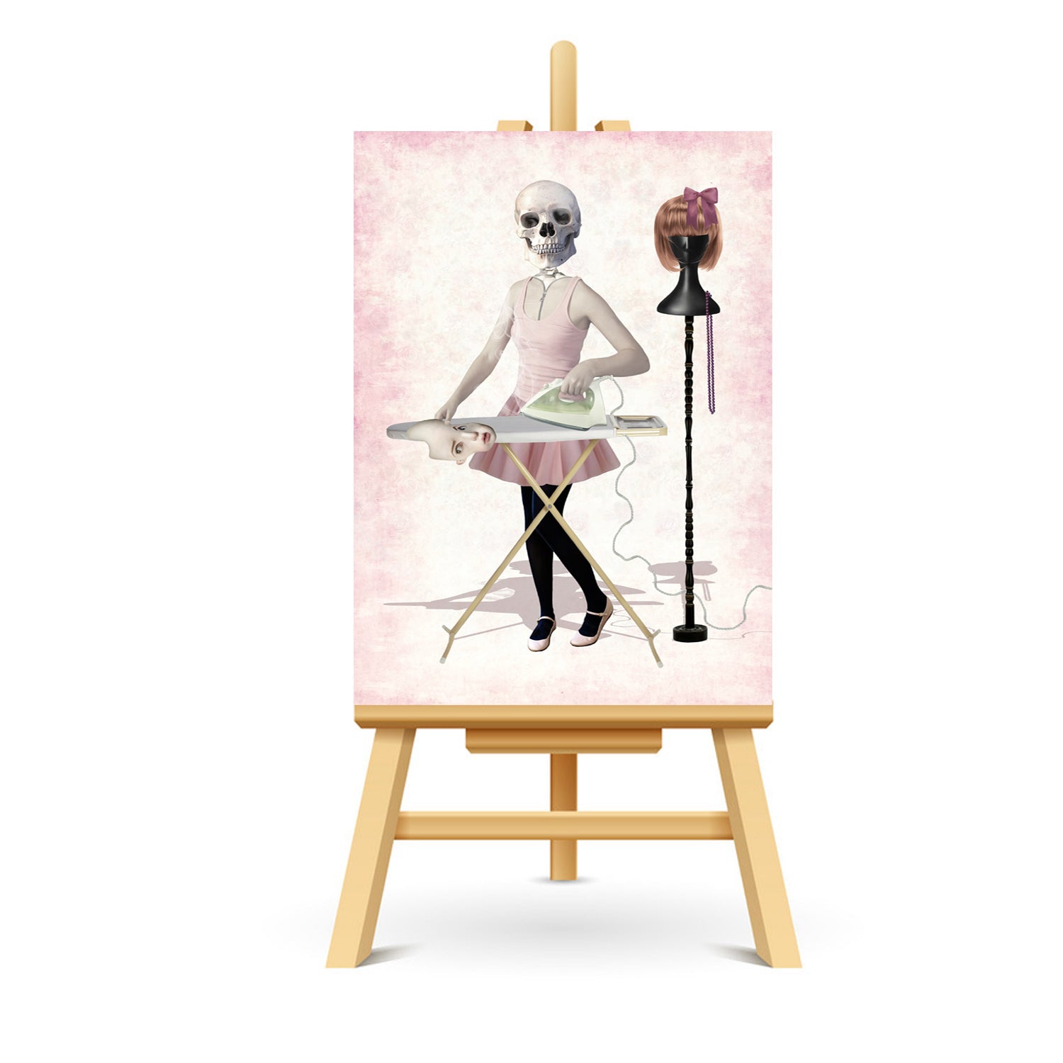 Skeleton Girl ACEO art displayed on a stand. Creepy cute miniature art print showcasing gothic style.