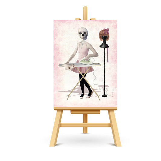 Skeleton Girl ACEO art displayed on a stand. Creepy cute miniature art print showcasing gothic style.