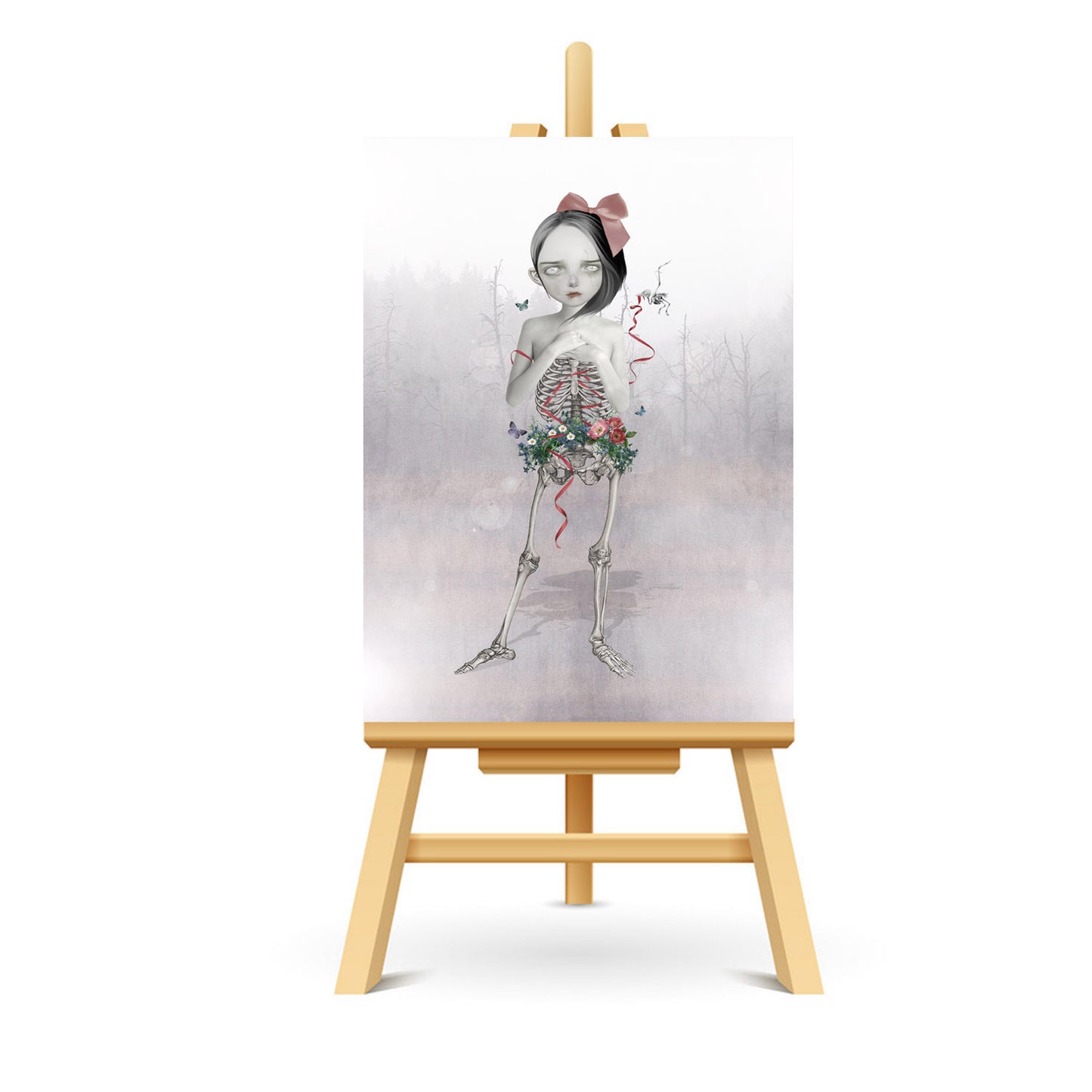 This miniature memento mori collectible art showcases a unique half human half skeletal girl with wild flowers growing around her pelvis.