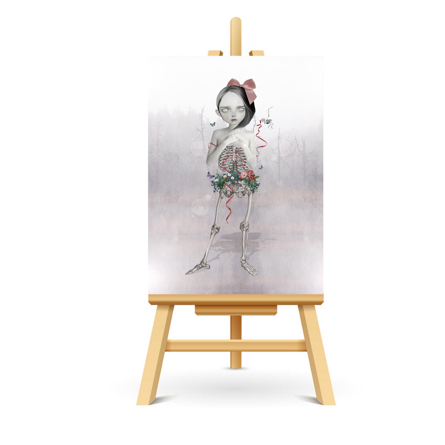 This miniature memento mori collectible art showcases a unique half human half skeletal girl with wild flowers growing around her pelvis.
