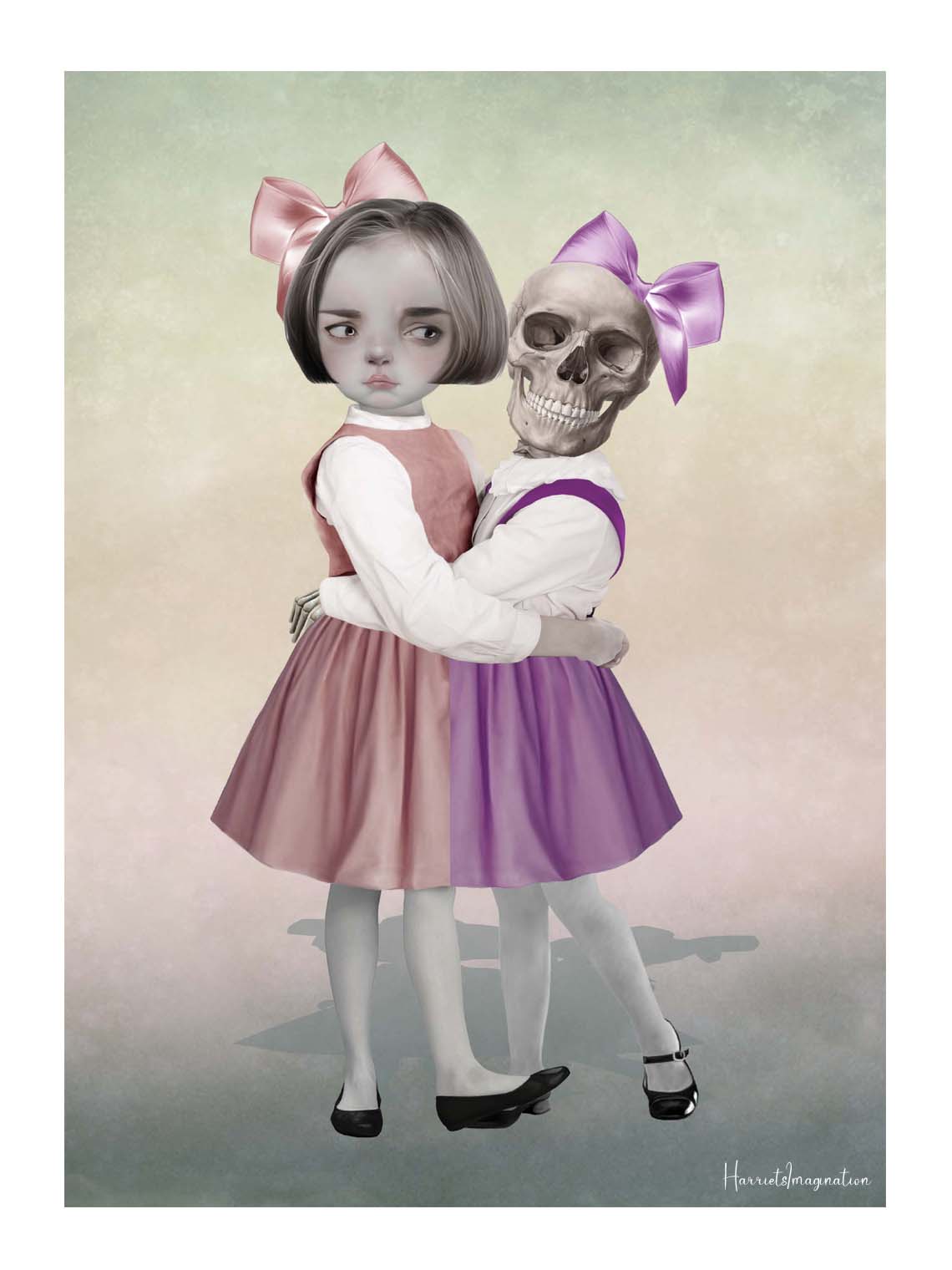 A creepy cute art print featuring a Skeleton Girl and Friend, displayed without a frame.