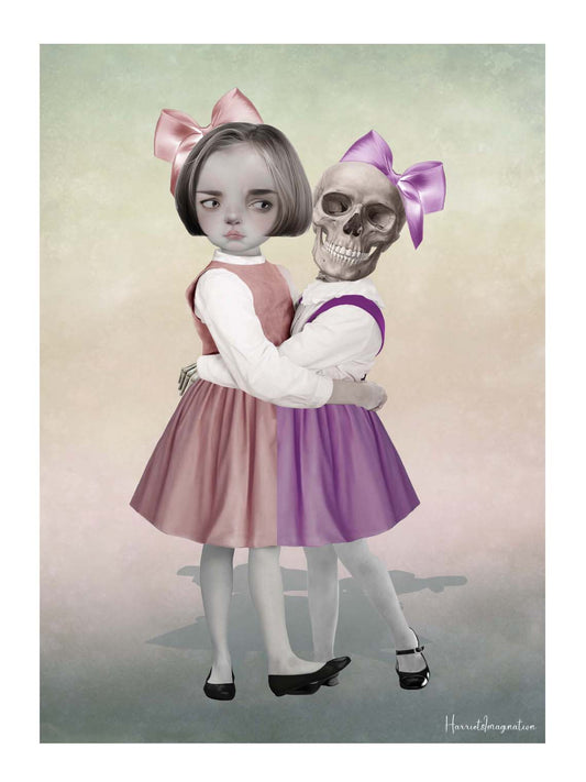 A creepy cute art print featuring a Skeleton Girl and Friend, displayed without a frame.