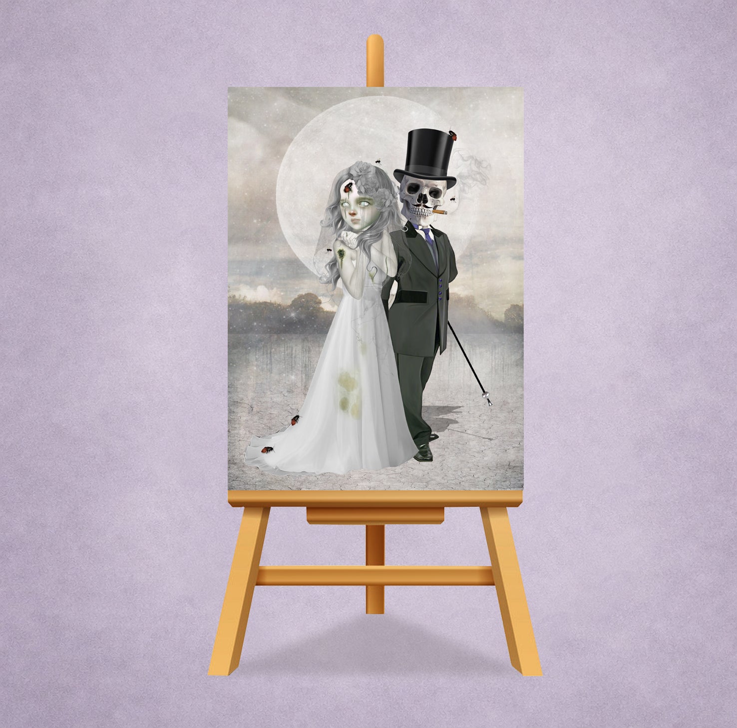 gothic wedding ACEO art card features a skeleton groom and ghost bride on a small display stand.