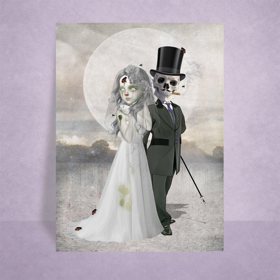 Skeleton Groom & Ghost Bride ACEO Art Card on a lilac background.