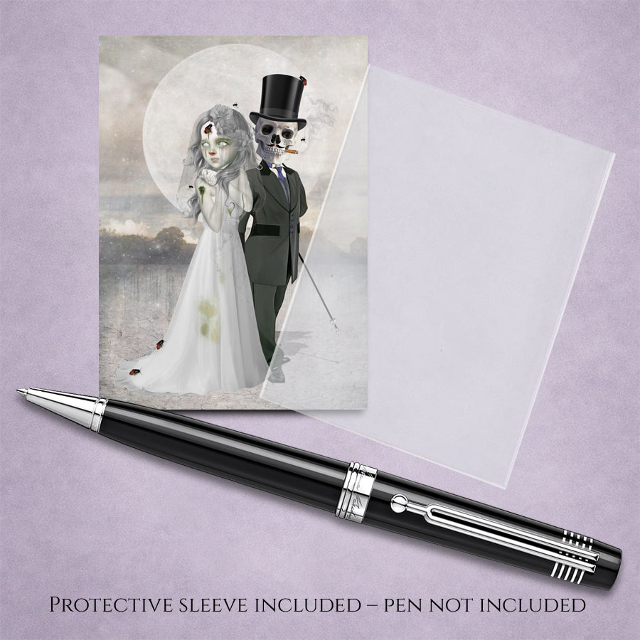 gothic wedding ACEO art card features a skeleton groom and ghost bride displayed with sleeve and pen.