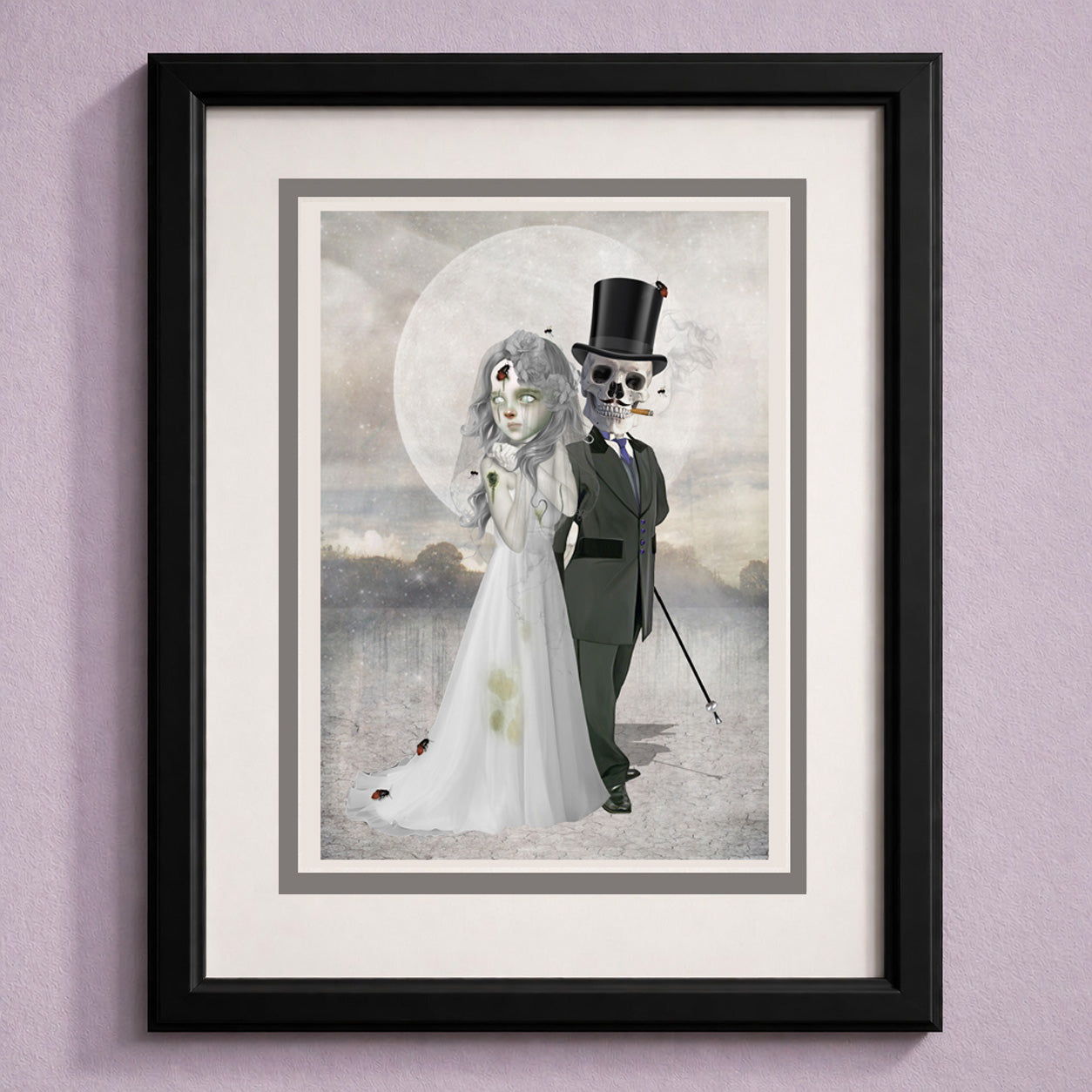 Framed art greeting card of a zombie bride and skeleton groom.