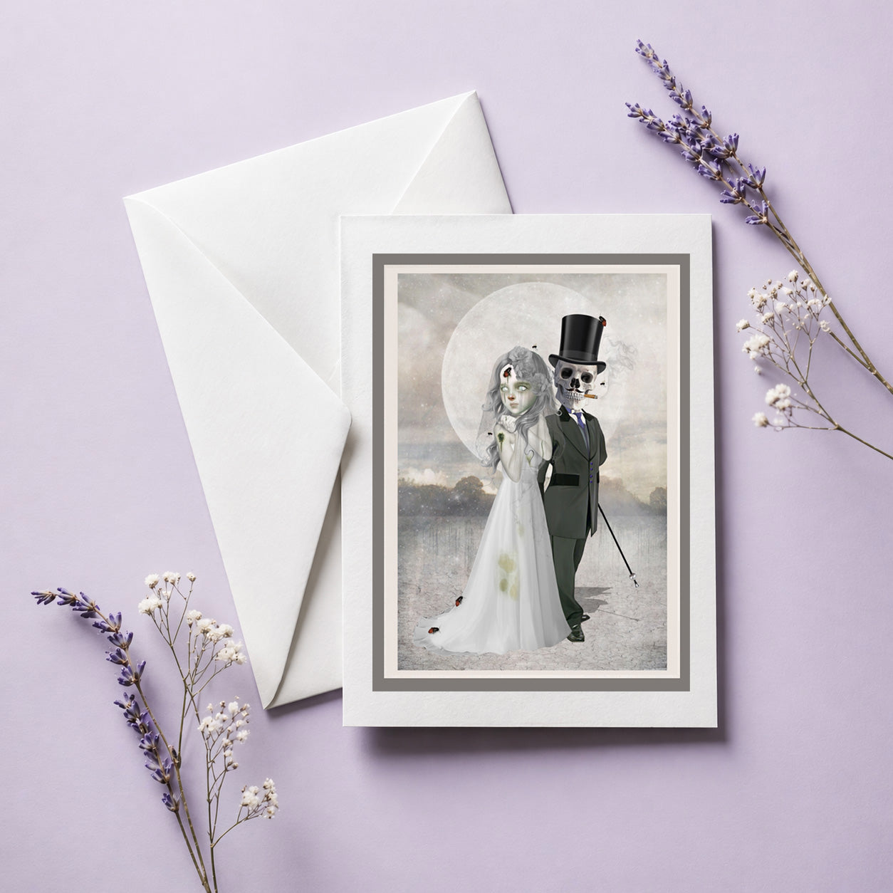 gothic wedding greeting card & envelope by HarrietsImagination. Features a skeleton groom and zombie bride.