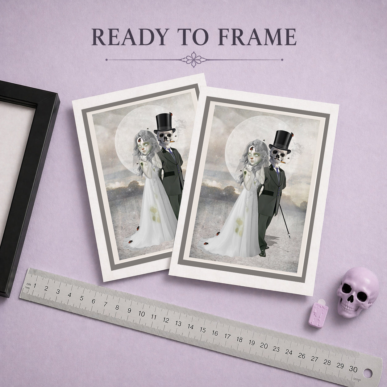 Gothic art greeting card featuring Skeletal groom and zombie bride can be framed and kept as art.