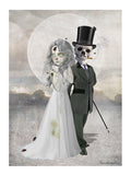 Artistic depiction of a zombie bride and groom skeleton, set against a moonlit sky.
