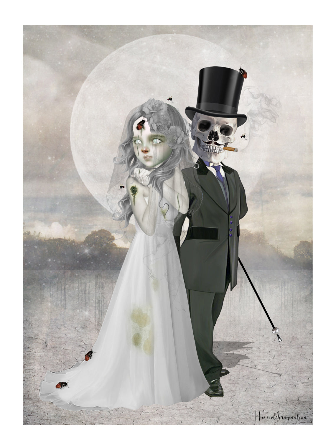Artistic depiction of a zombie bride and groom skeleton, set against a moonlit sky.