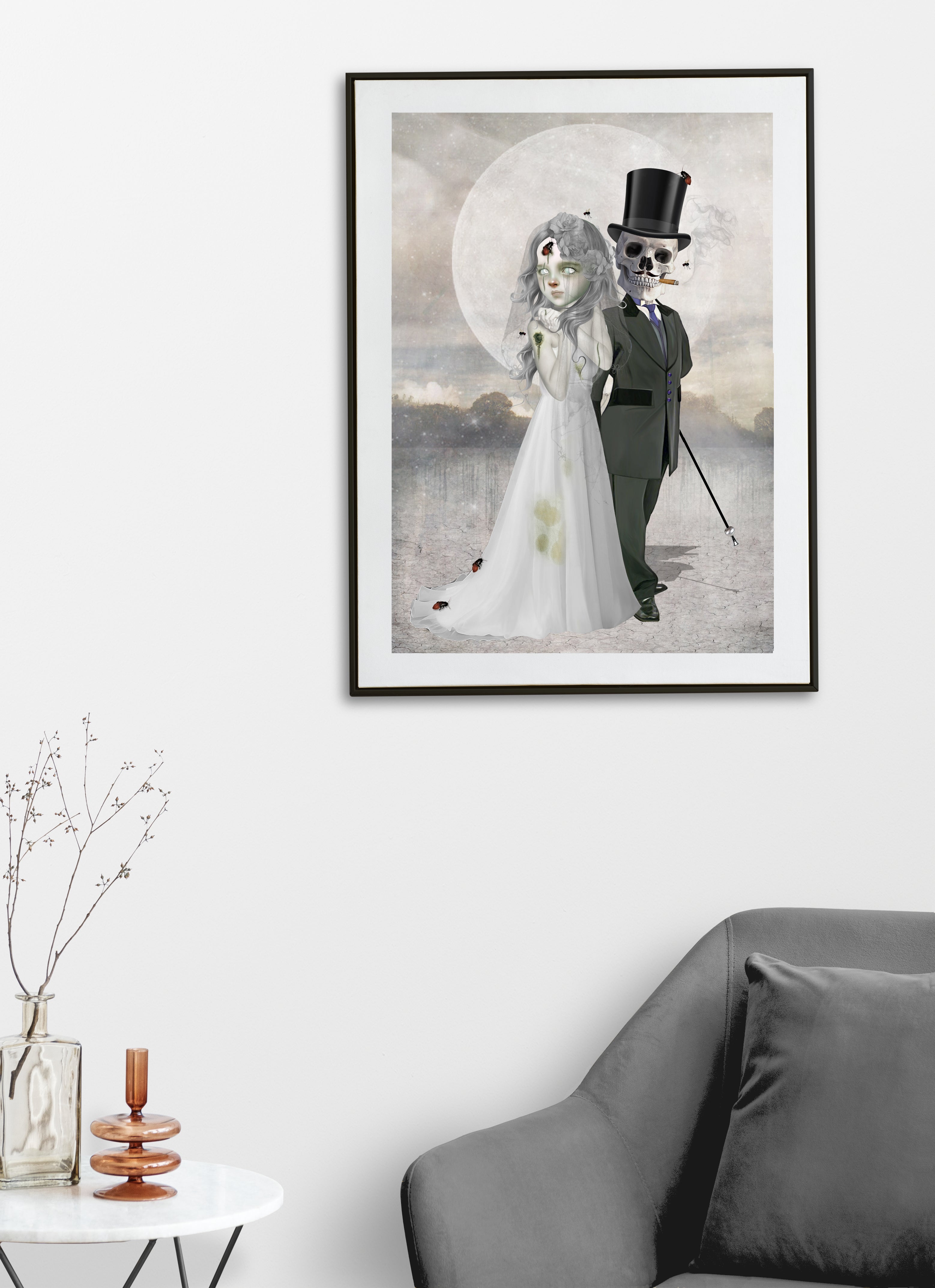 gothic skeleton wedding art print framed on a modern living room wall.