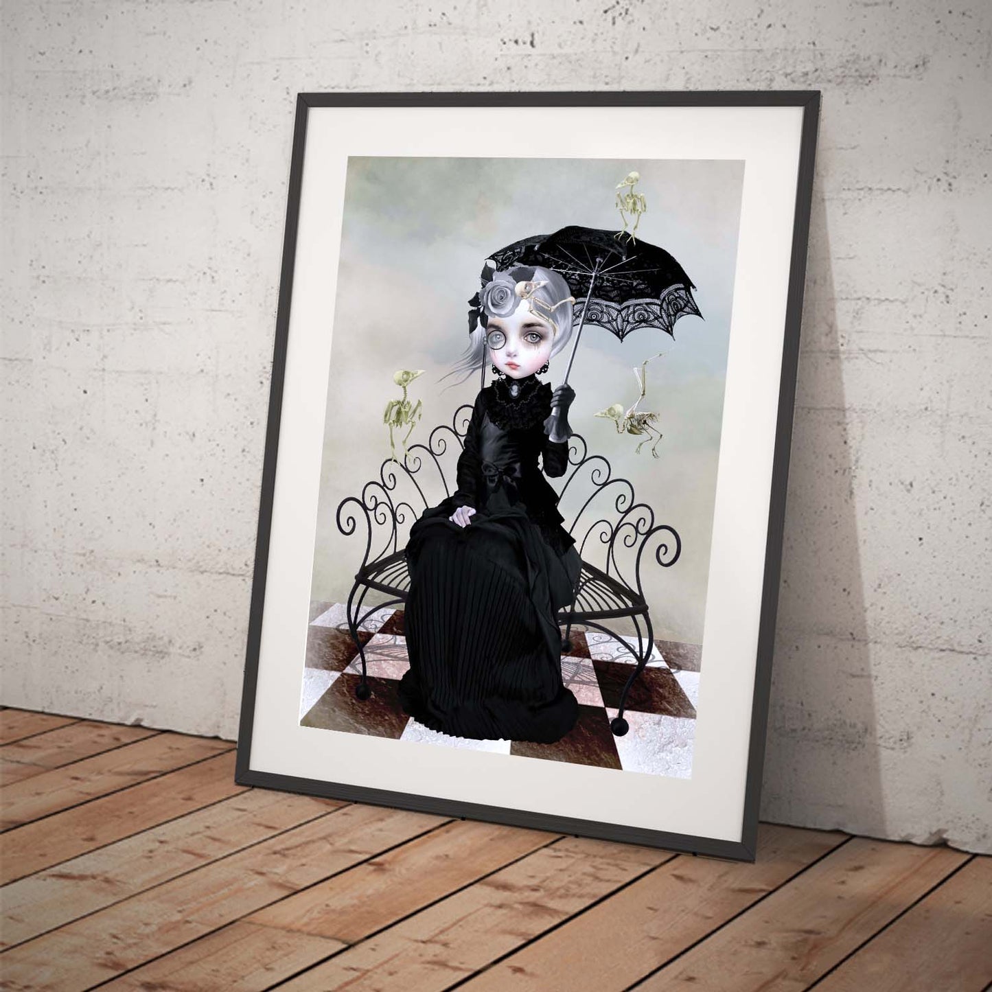 Dark whimsical art print. A Victorian lady surrounded by the eerie remains of her beloved birds. 