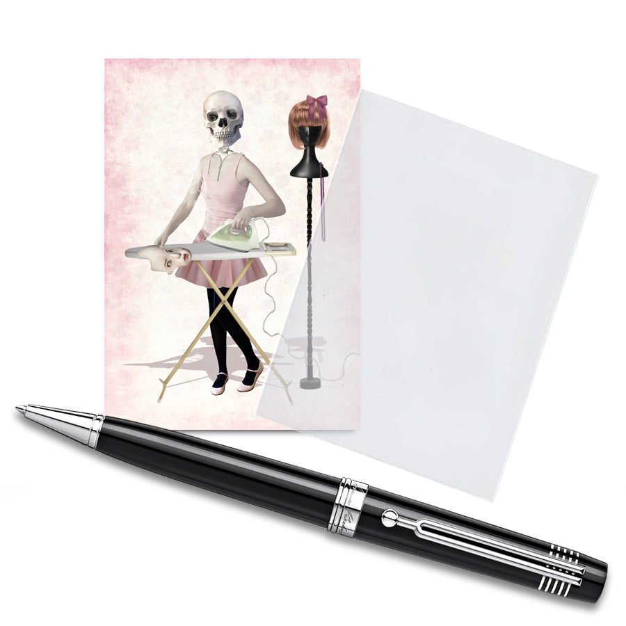 The ACEO card features a skeleton girl, displayed in a clear protective sleeve with a pen for size comparison. It showcases creepy, cute artwork.