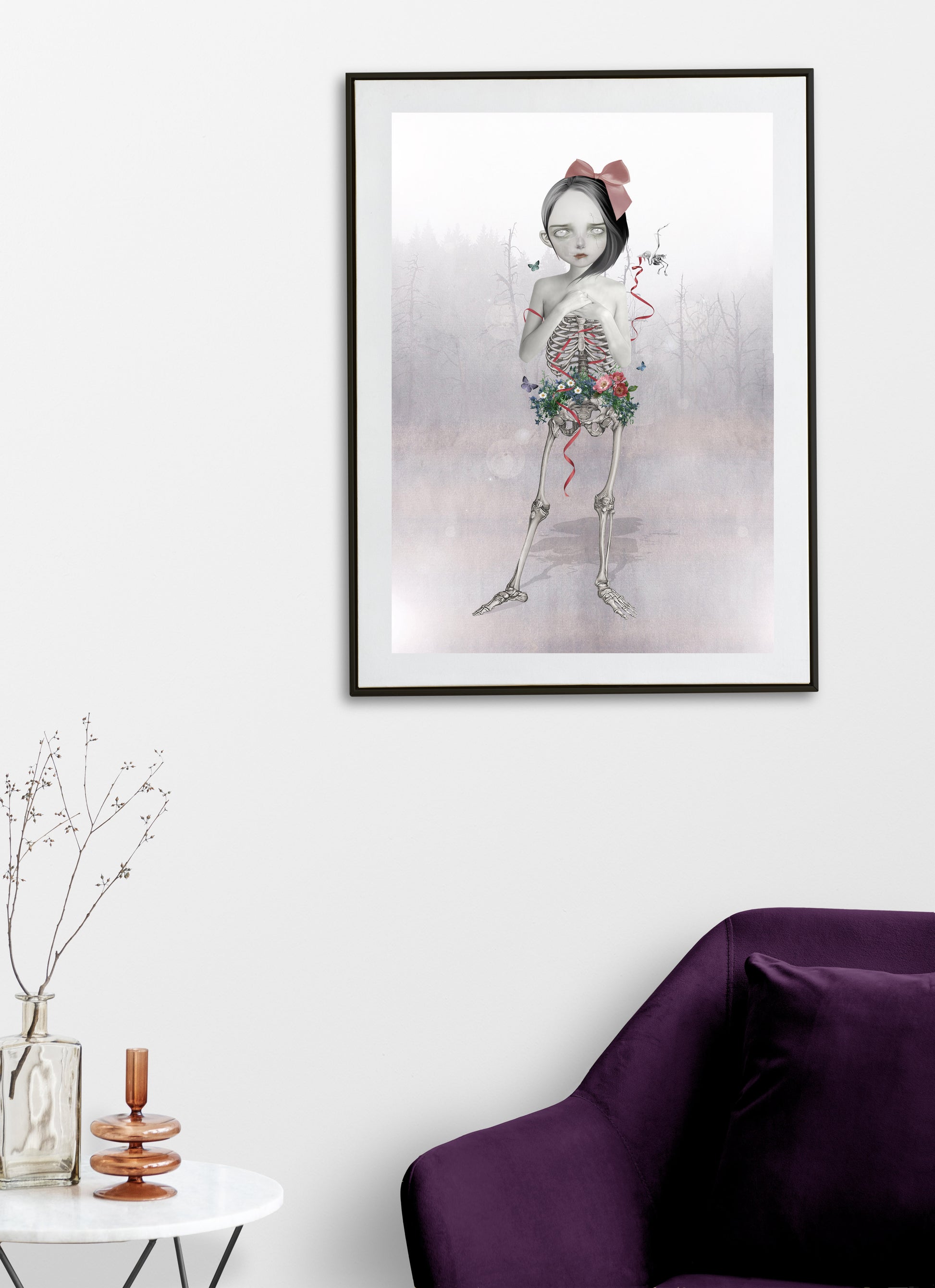 Skeleton Girl Art Print, the girl is a hauntingly beautiful skeleton, with wild flowers blooming around her pelvis.