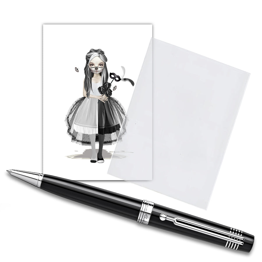 Skull Girl ACEO card in a cello sleeve, accompanied by a pen, showcasing its whimsical gothic art in a protected, collectible format.