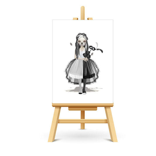 Skull Girl ACEO card displayed on a small stand, showcasing whimsical gothic art in a compact, collectible form.