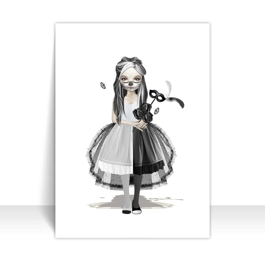 Skull Girl ACEO card displayed on a white background, highlighting its whimsical gothic design in a compact, collectible form.