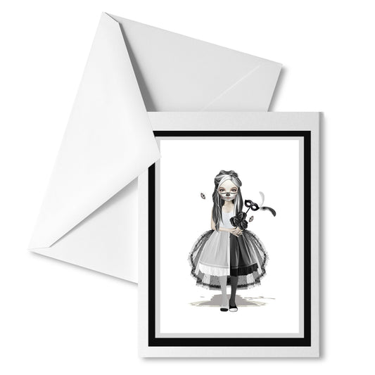Skull Girl greeting card with matching envelope, featuring whimsical gothic art, perfect for sending a unique message.