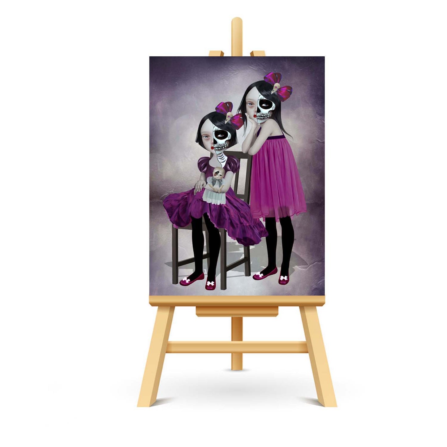 sisters wearing skeleton face make up ACEO art displayed on a stand. Creepy cute miniature art print showcasing gothic style.