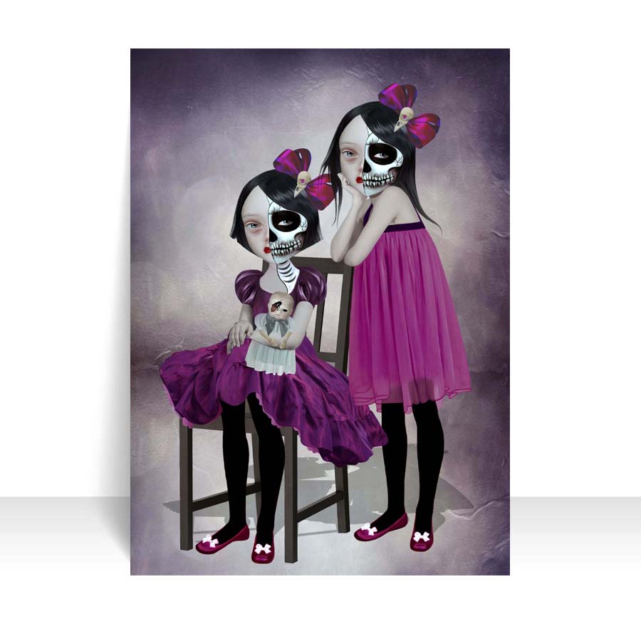 Close-up of two creepy sisters wearing skull face art ACEO art card against a white background, highlighting its intricate creepy cute details.