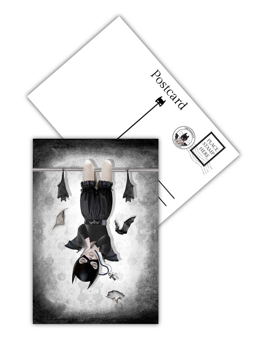 Sleeping Bat Girl postcard showing front whimsical gothic design and matte back for writing messages