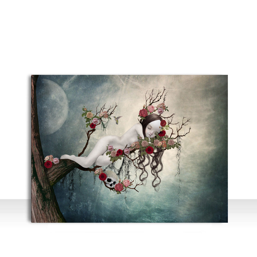 Close-up of Sleeping beauty ACEO art card against a white background, highlighting its intricate fairy tale details.