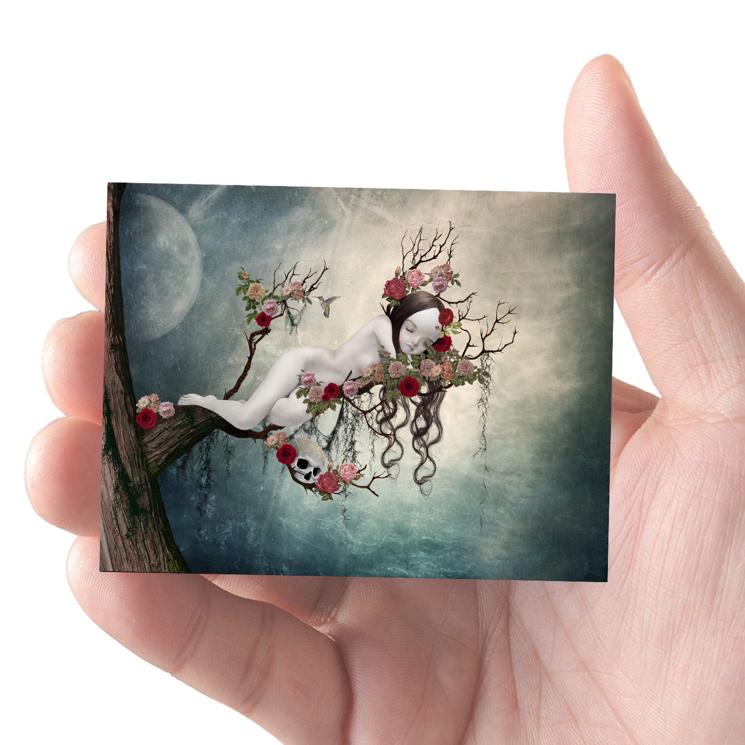 ACEO art card featuring sleeping beauty, held in hand—Fairy tale art style with whimsical elements.