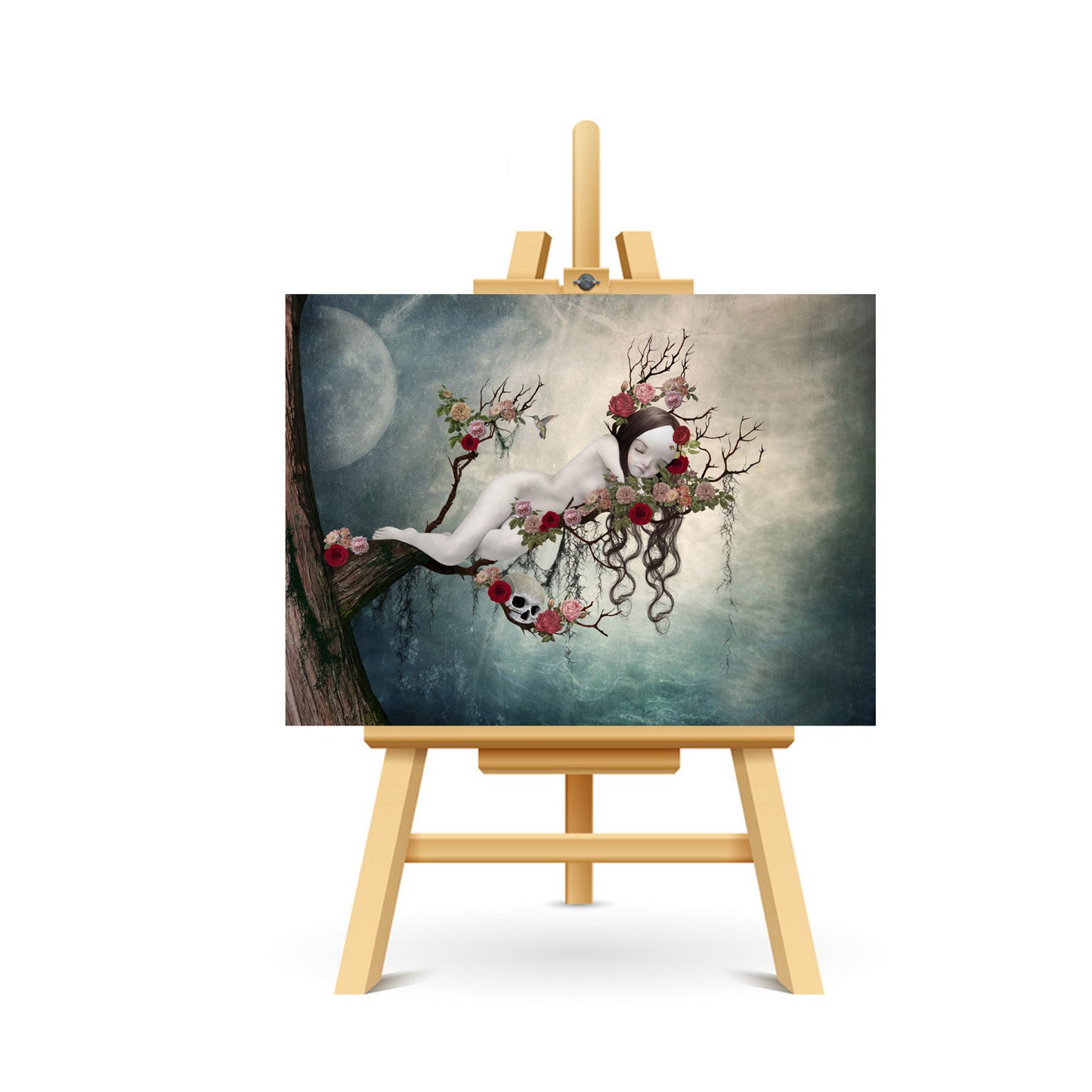 Sleeping Beauty ACEO art displayed on a stand. Fairy tale miniature art print showcasing whimsical style.