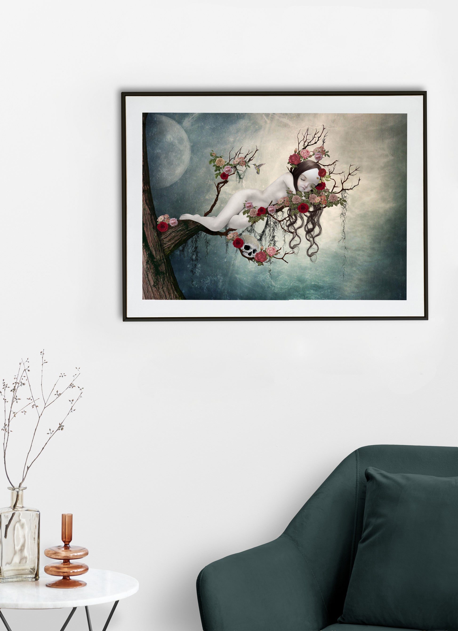 Sleeping Beauty art print hanging on the wall of a modern living room. Perfect for adding a fairy tale touch to whimsical or alternative home decor.