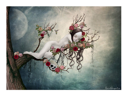A fairy tale art print featuring sleeping beauty, displayed without a frame.