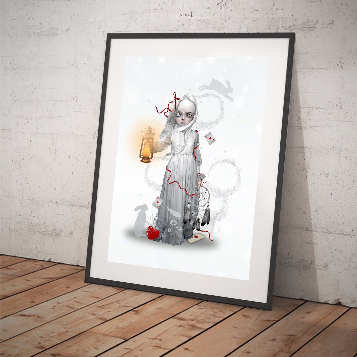 Sleep art print, a sleepwalking girl with dreamcatcher drifts through a dreamlike landscape, holding a lantern that leads her through dreams.