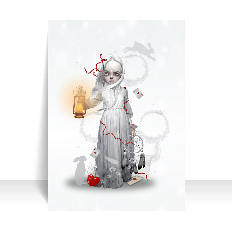 Dream ACEO. This collectible miniature artwork features a sleepwalking girl carrying a lantern and dreamcatcher