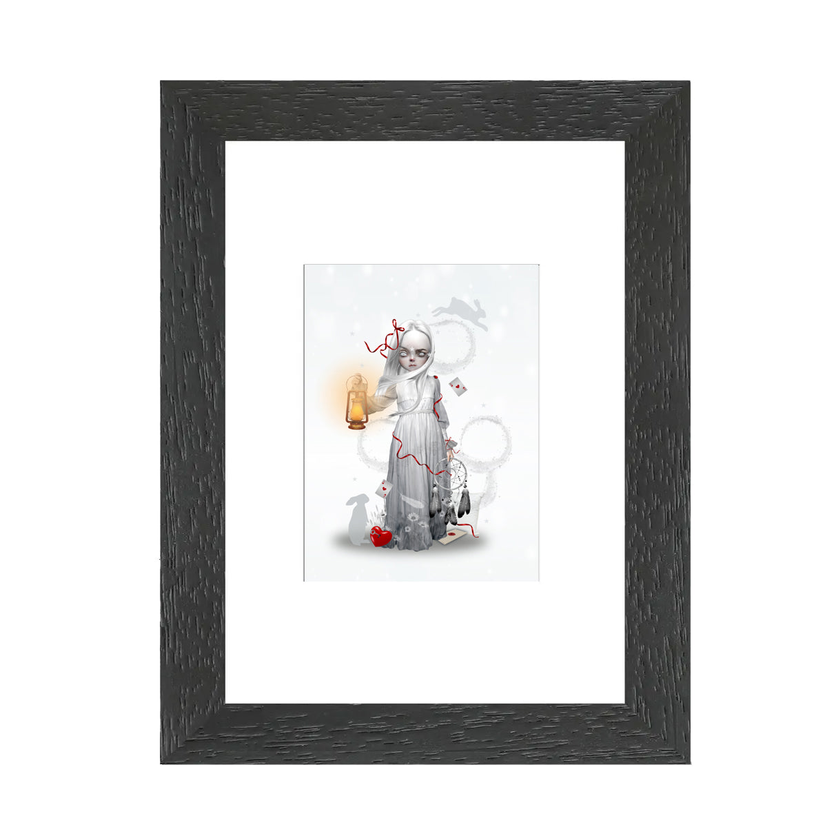 Surrealism ACEO Artist Trading Card. This collectible miniature artwork features a sleepwalking girl carrying a lantern and dreamcatcher.