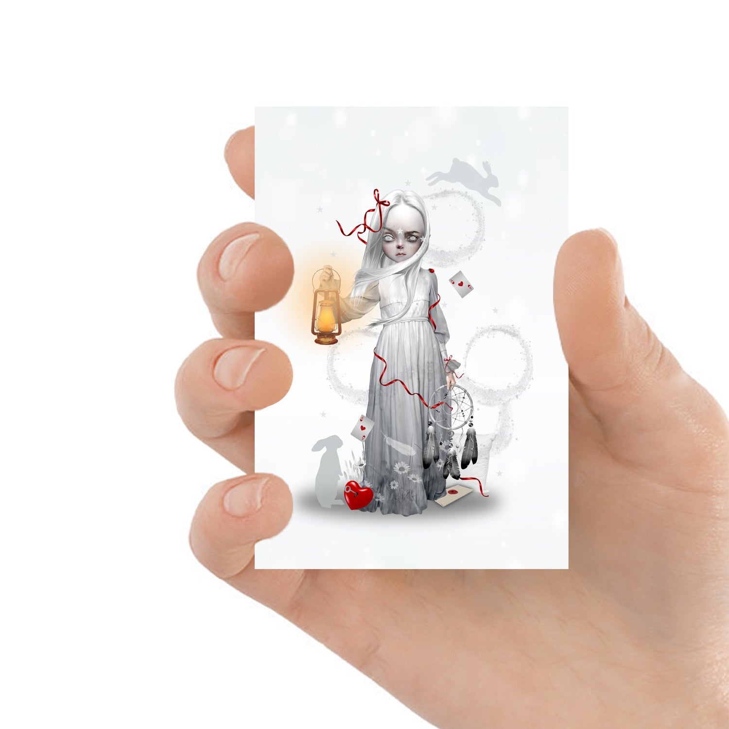 Dreamy ACEO Artist Trading Card. This collectible miniature artwork features a sleepwalking girl carrying a lantern and dreamcatcher
