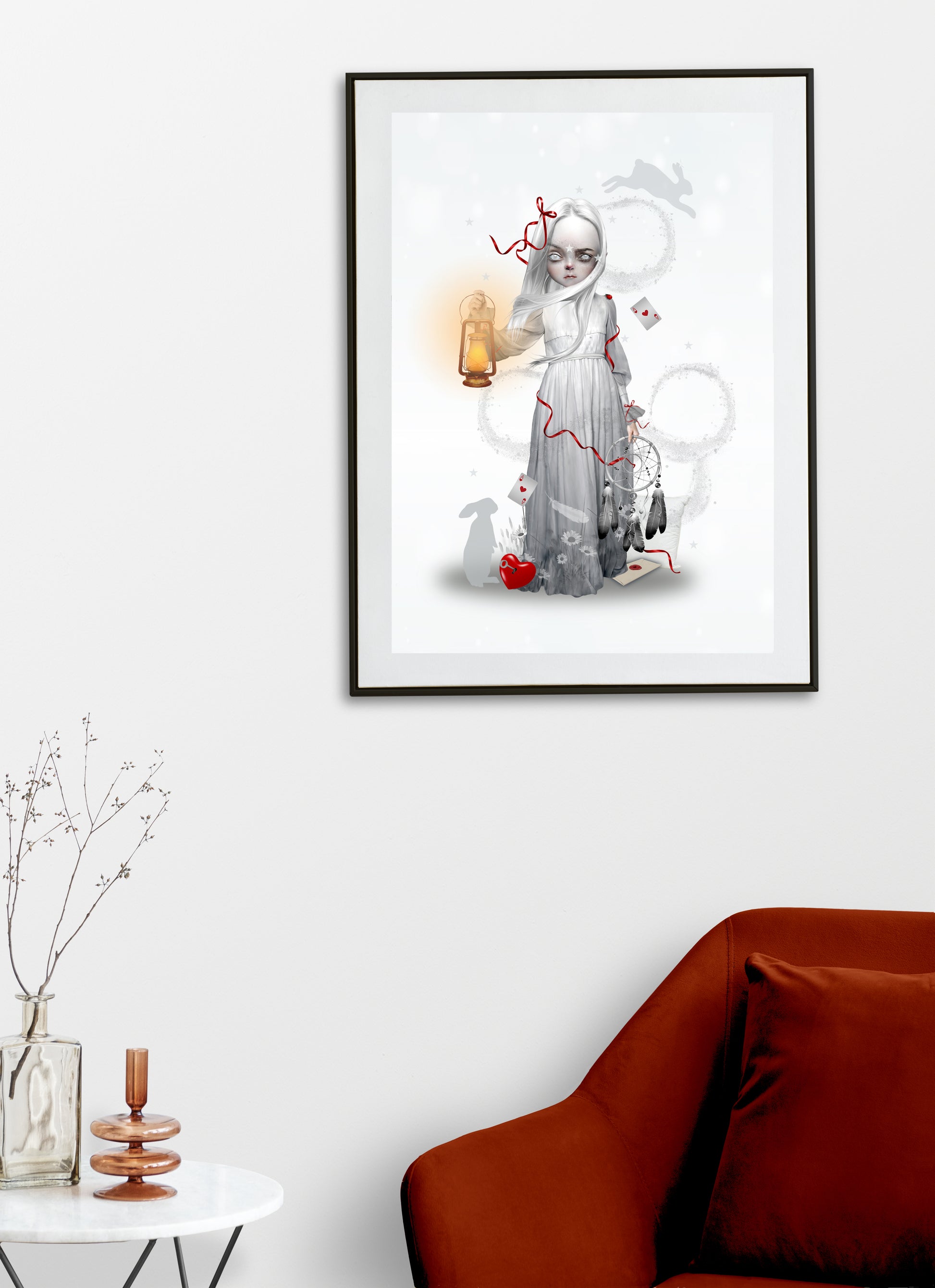 A sleepwalking girl with dreamcatcher drifts through a dreamlike landscape, holding a lantern framed art print on living room wall.