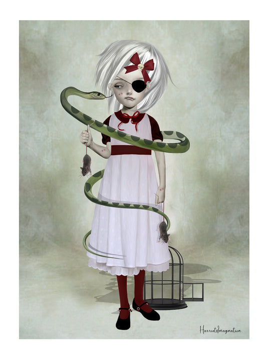 A quirky art print featuring a girl and snake, displayed without a frame.
