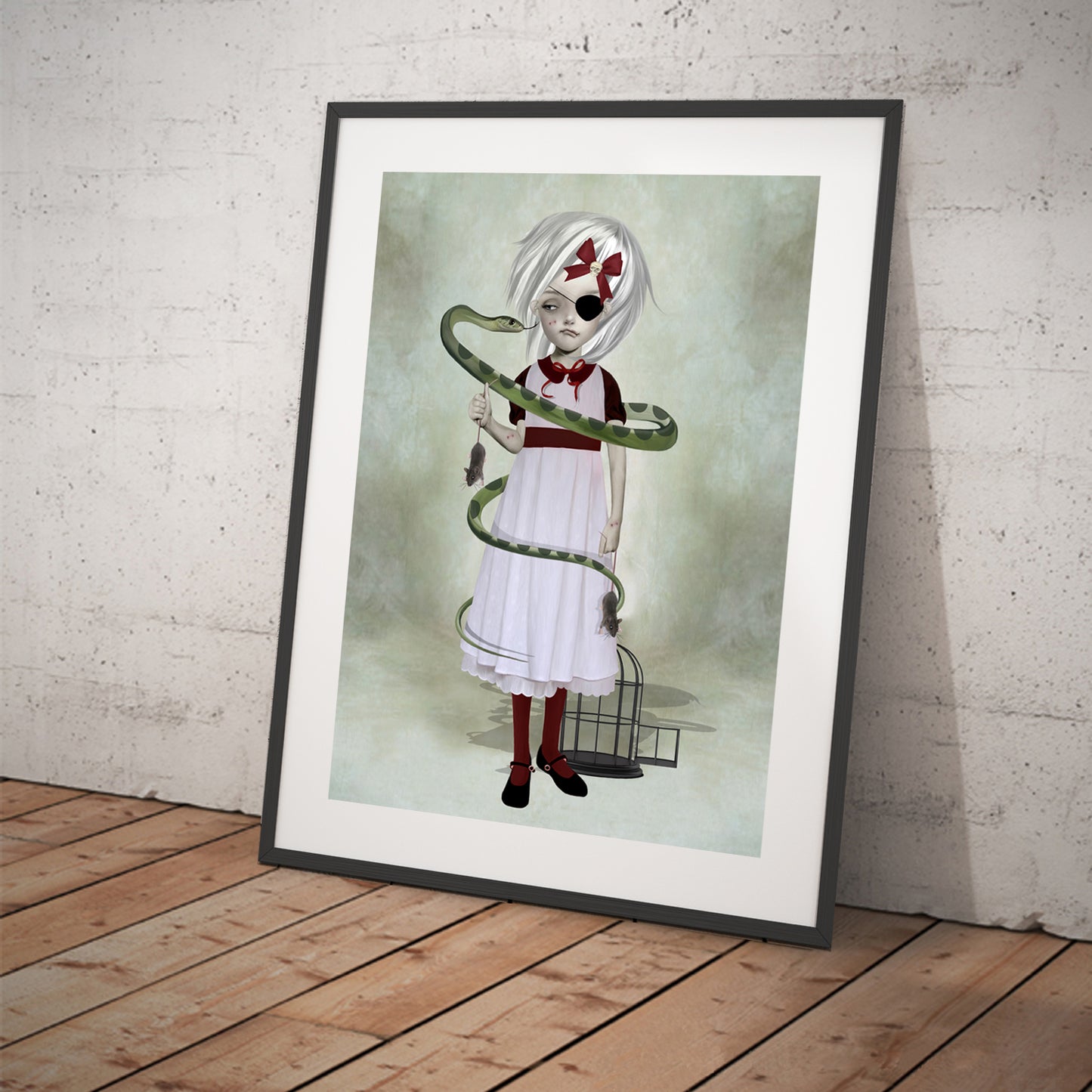 Art print featuring a girl and snake. Displayed in a tilted frame for a stylish presentation. Perfect for quirky or whimsical-themed decor.