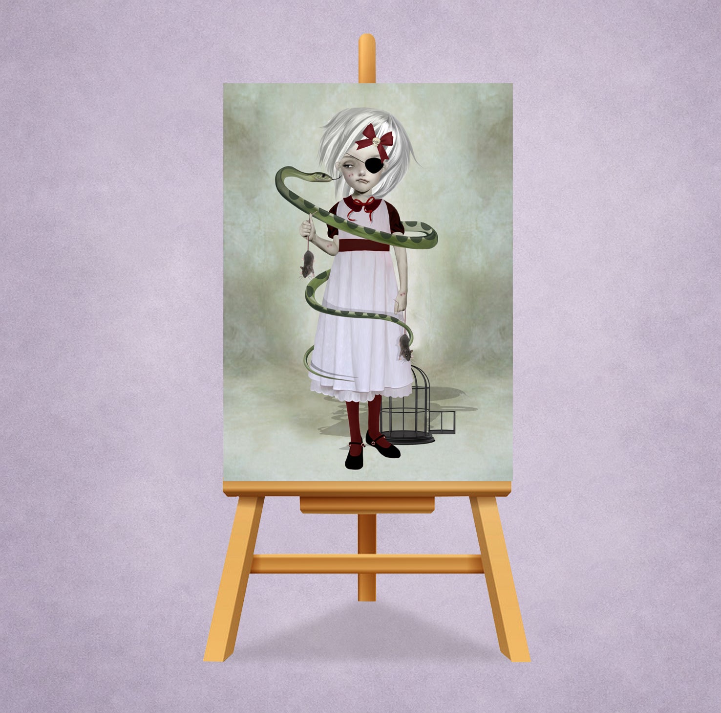 Snake Girl ACEO art card on a small easel stand for display