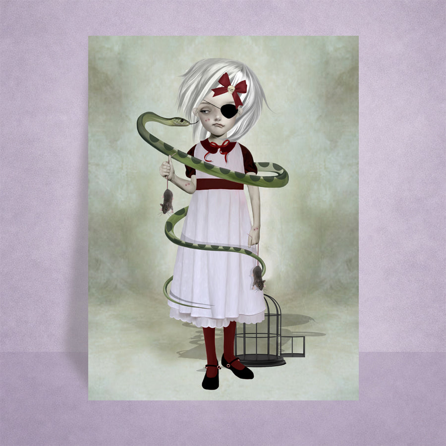 ACEO Illustration of a girl with a snake on a textured green background