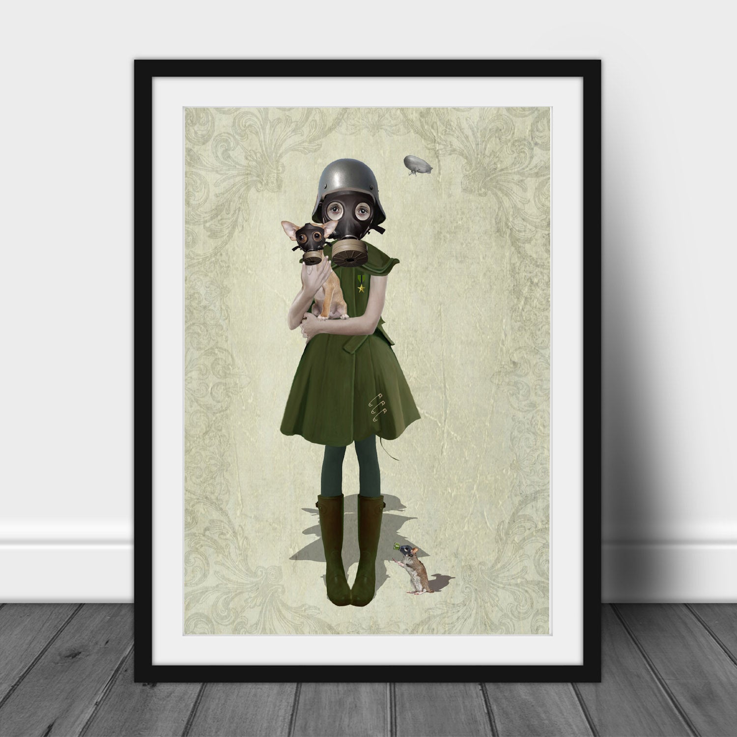 Art print of a soldier girl and chihuahua, in a frame, leaned against a wall.