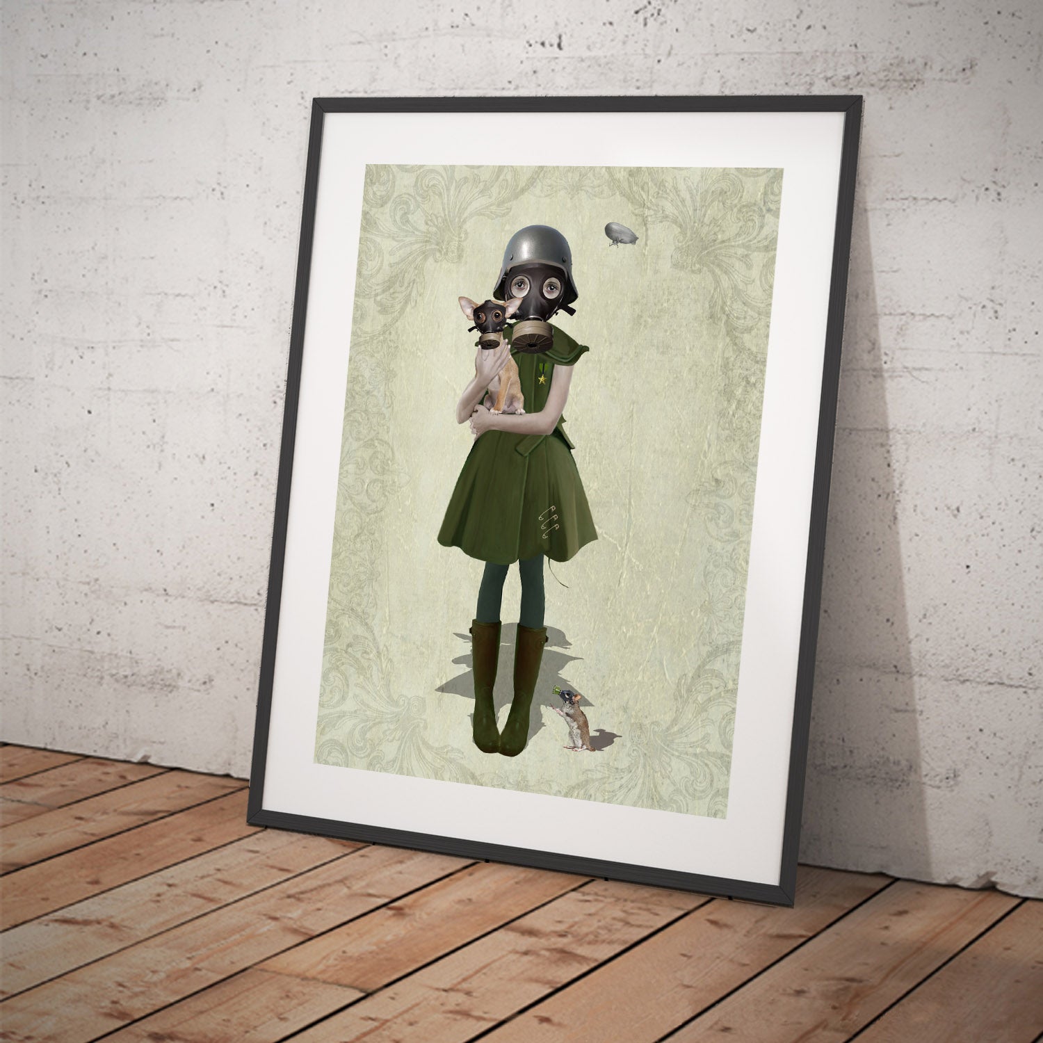 Art print featuring a soldier girl and chihuahua. Displayed in a tilted frame for a stylish presentation. Perfect for military-themed decor.
