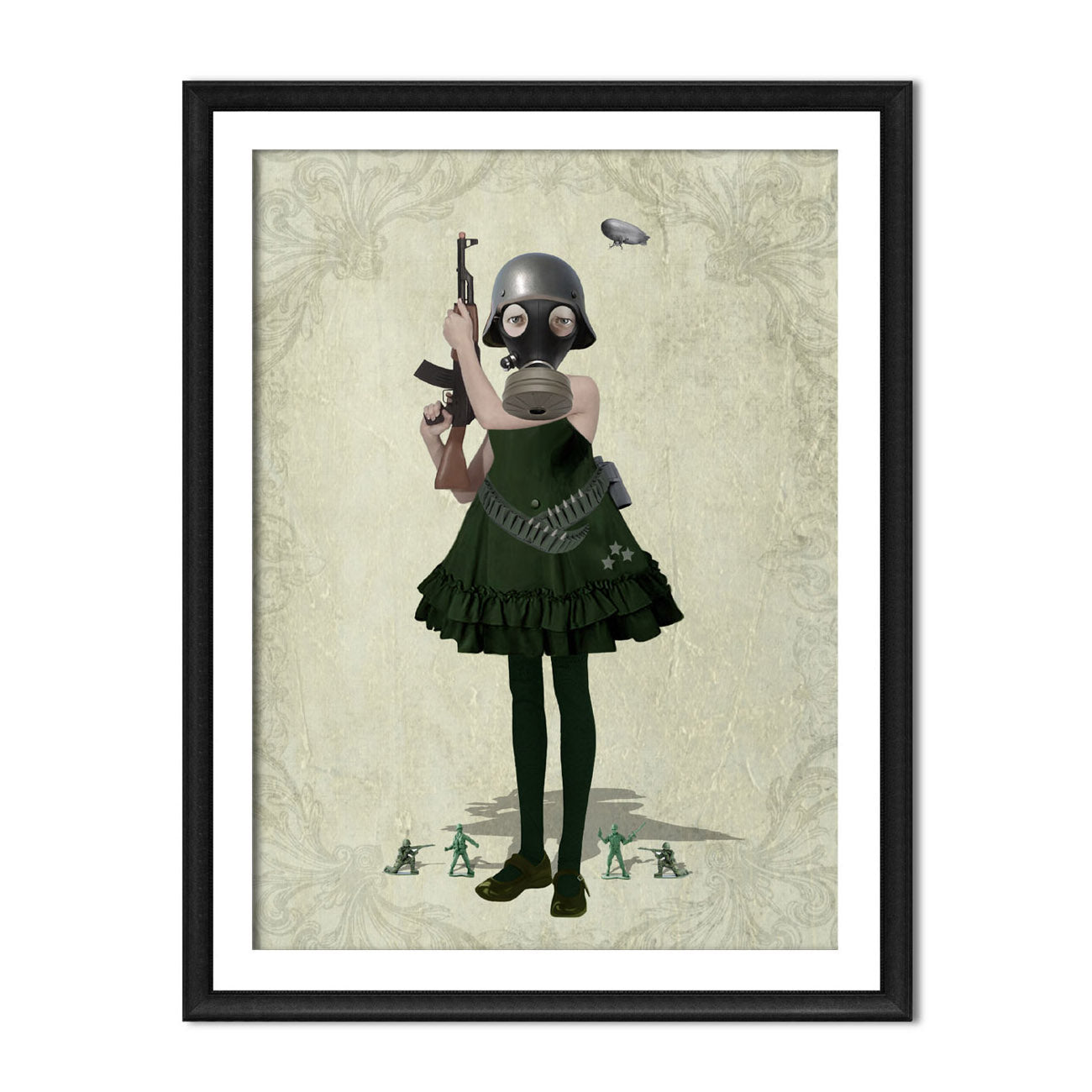 Soldier Girl And Toy Soldiers art print in a sleek frame, set against a white background.