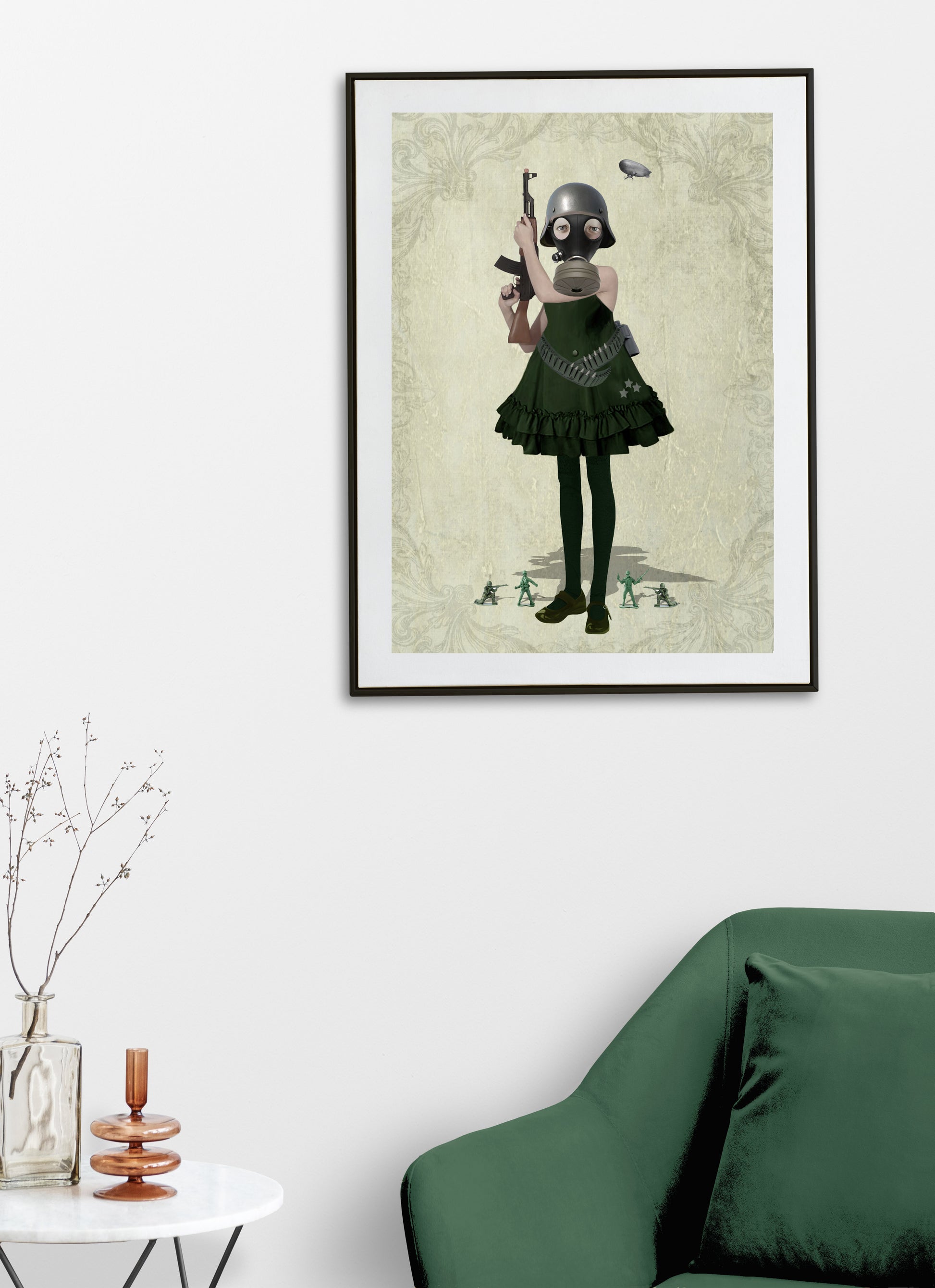Soldier Girl and toy soldiers art print hanging on the wall of a modern living room. Perfect for adding a military touch or alternative home decor.