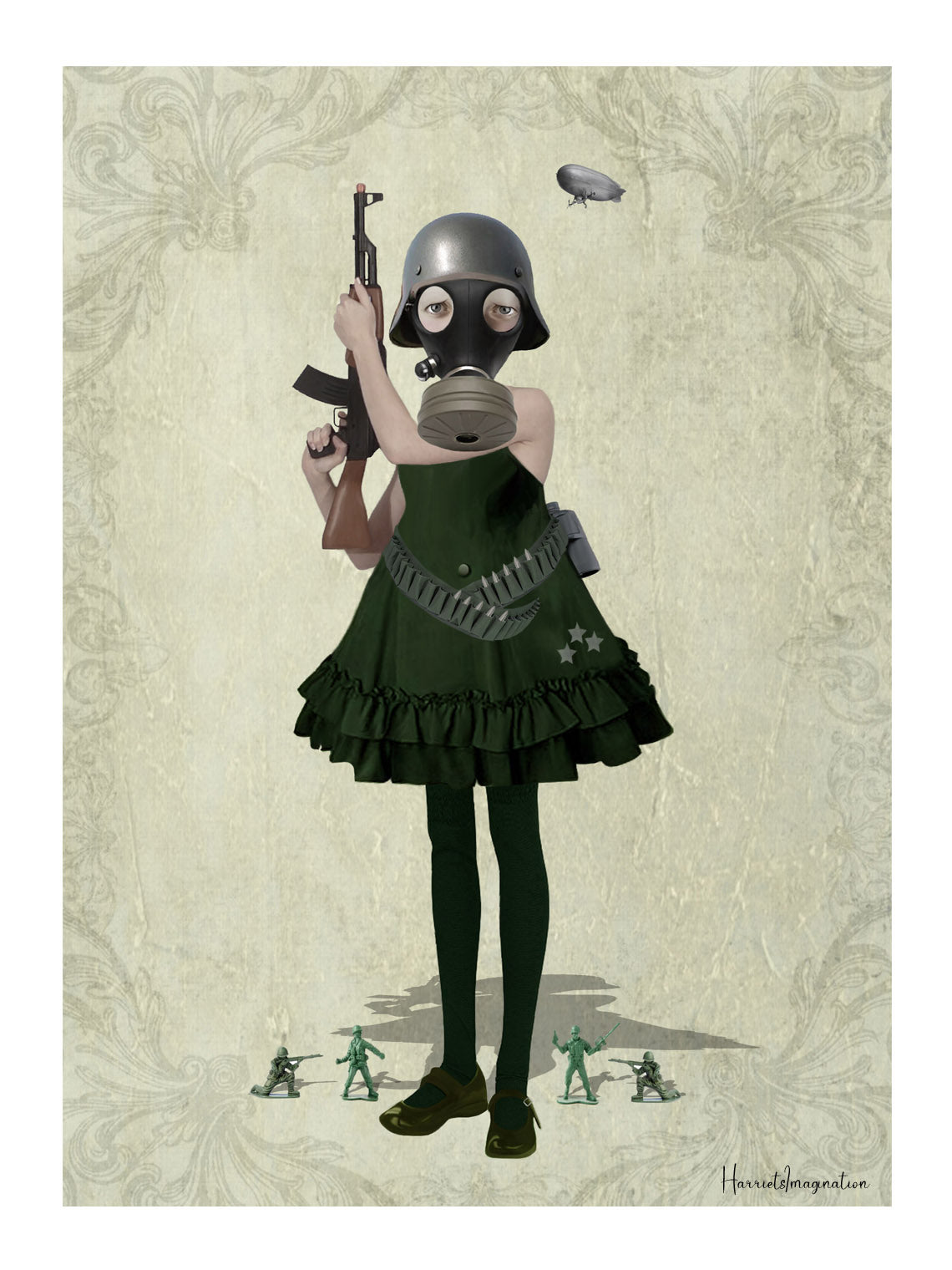 A Military art print featuring a soldier girl and toy soldiers, displayed without a frame.