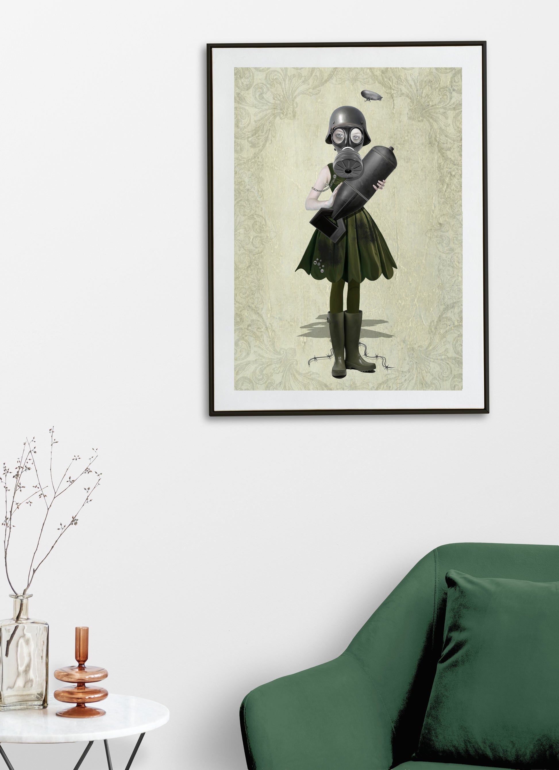 Soldier Girl and bomb art print hanging on the wall of a modern living room. 