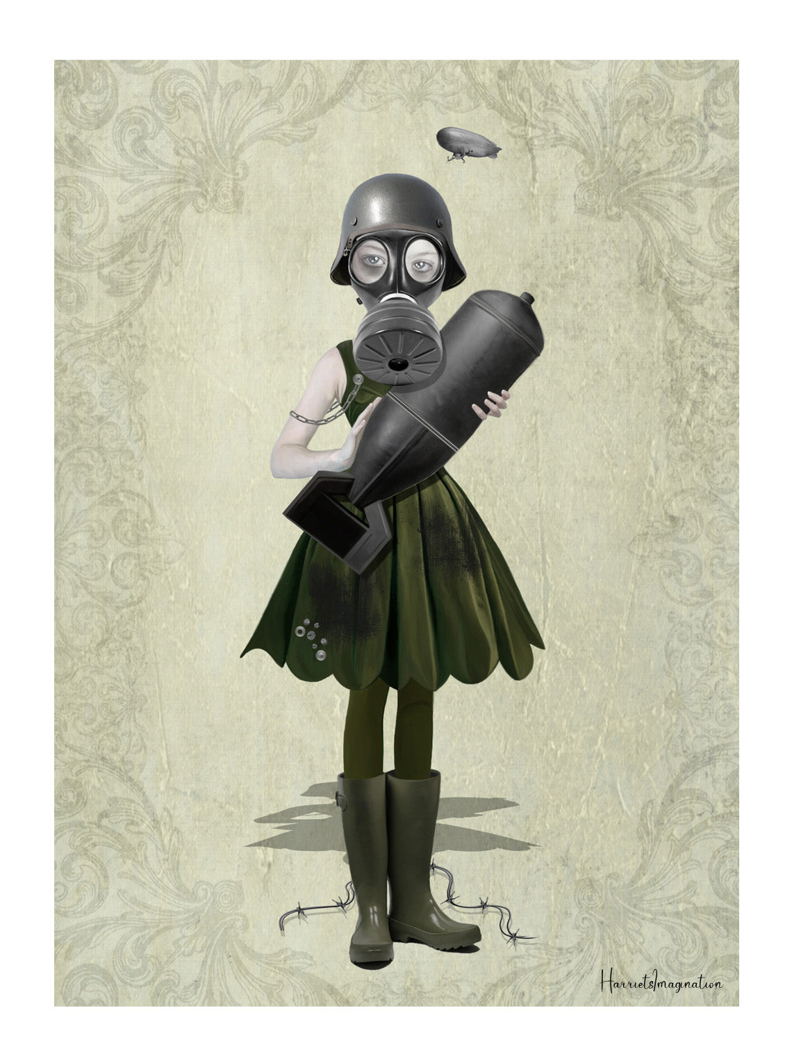 A military art print featuring a soldier girl and bomb, displayed without a frame.