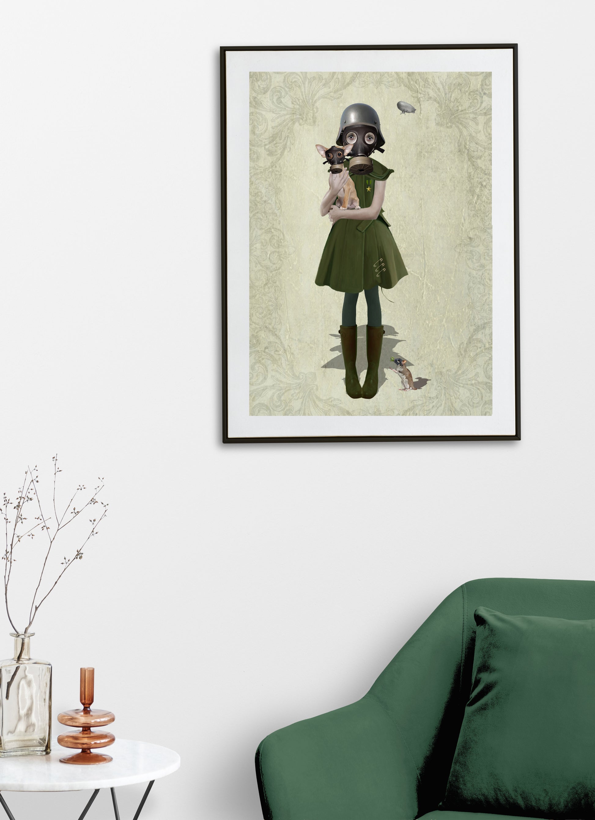 Soldier girl and chihuahua art print hanging on the wall of a modern living room. 