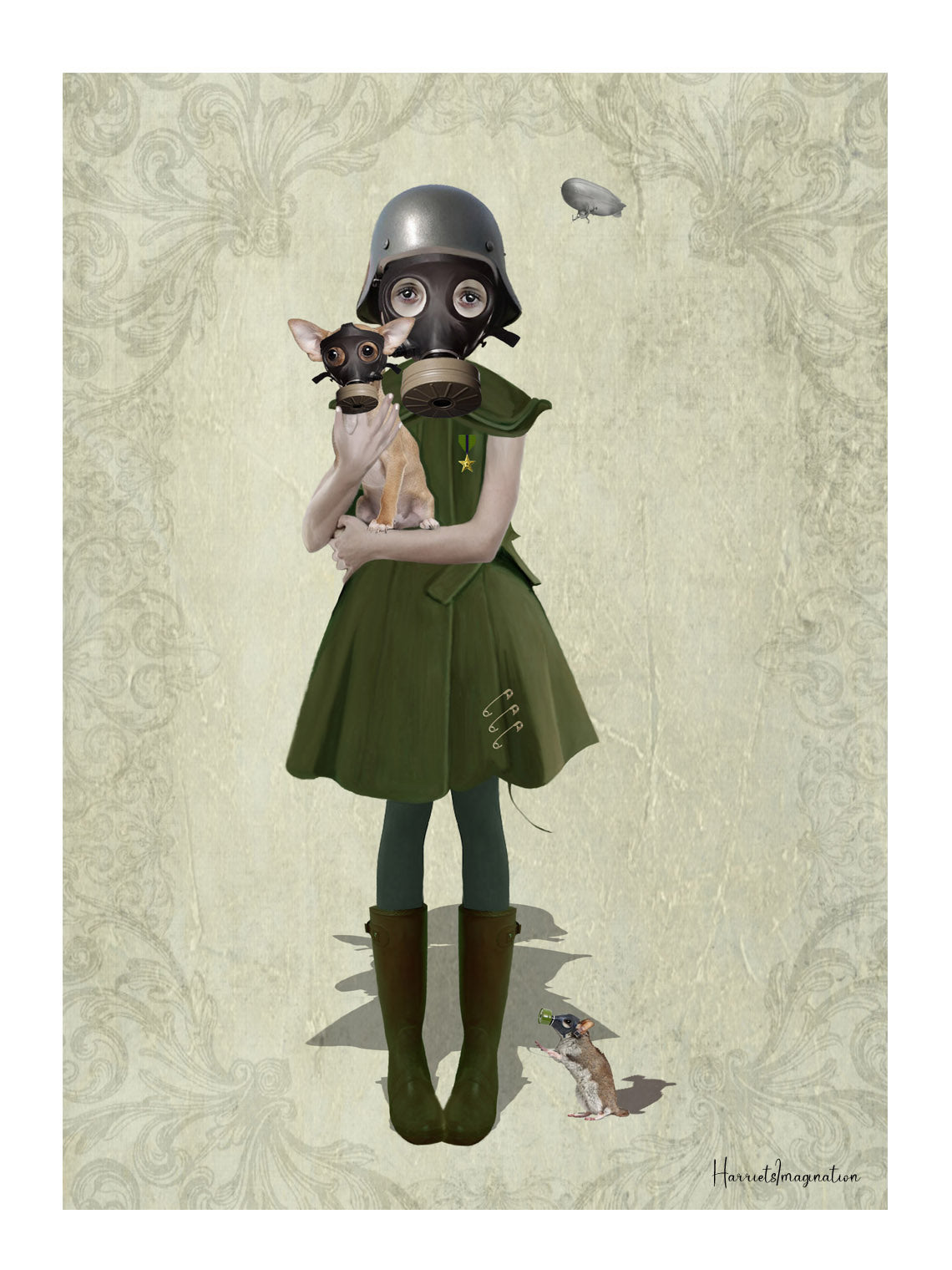 A military art print featuring a soldier girl and chihuahua, displayed without a frame